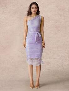 女式不对称领口荷叶边系带蕾丝修身中长款派对连衣裙 - 淡紫色 - 查看 4