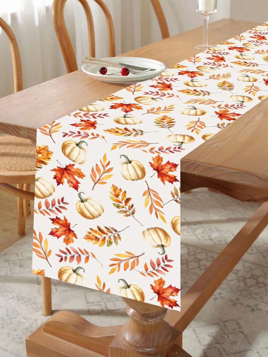 1Pc Thanksgiving Polyester Table Runner,Maple Leaves Pumpkin Pattern Autumn Thanksgiving Table Cover,Thanksgiving Decoration Table Cloth,Autumn Harvest Festival Decor,Table Decor Thanksgiving Party Decor,Fall Seasonal Home Decoration,Kitchen Table Decor, Indoor Outdoor Party Supply,Seasonal Party Favors