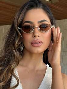 1pc Half Frame Semicircle Metal Fashion Glasses Retro Personalized Versatile Fashion Glasses Men's And Women's Fashion Glasses Are Suitable For Daily Wear, Street Photography, Vacation Travel, Summer Beach Accessories Preppy Style For Back To School Cat Eye Shape Temple Decor - 8058-茶色 - 查看 5