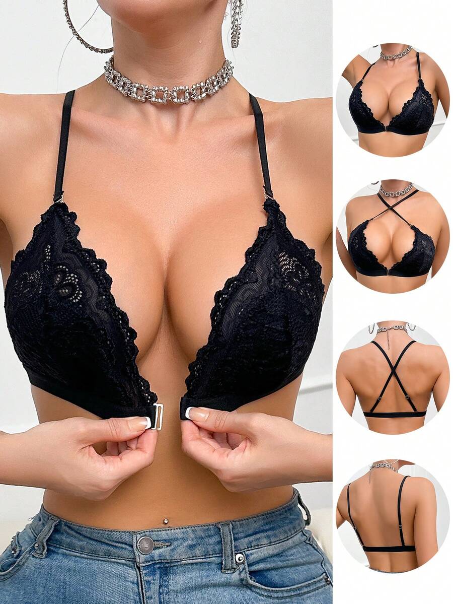 Sujetador cómodo y sexy sin aros con panel de encaje y cierre frontal para mujeres - Negro - Ver 1