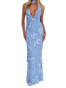 Women's Boho Floral Embroidery Jacquard Strap V Neck Halter Sleeveless A Line Plain Smocked Summer Beach Party Maxi Long Dress - 藍色 - 查看 7