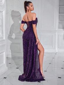 Elisanya Váy dạ hội dự tiệc cocktail dài xếp nếp hở vai xẻ đùi, đính sequin, trang trọng thanh lịch, trang trọng cho tiệc cưới, tiệc tốt nghiệp, tiệc tối đính sequin thanh lịch - Màu tím - Xem 2