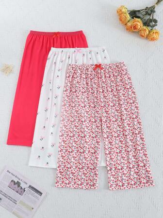 女式休闲可爱花卉樱桃印花蝴蝶结细节 7/8 睡裤家居服套装 3 件套