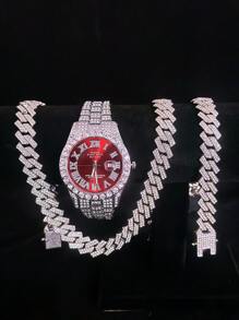 Conjunto de 3 piezas de reloj, collar y pulsera con Rhinestone, Reloj con correa de acero, calendario y caja de regalo para hombres y estudiantes, estilo hip-hop, conjunto de joyería de collar, pulsera y reloj de cumpleaños