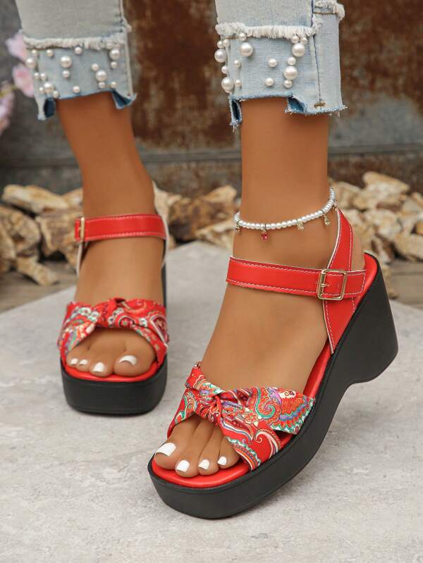 Women's Plus Size Wedge Platform Sandals, Summer New Fashion Soft Fabric Printed Twisted Ankle Strap Elevated Slip-On Sandals, Suitable For Daily Wear, Party, Date, Vacation With Dress, Waterproof Thick Bottom High Heel Sandals, Random Pattern Design