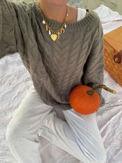 森雅秋冬新款圆领纯色简约麻花长袖针织套头衫女宽松落肩通勤风百搭万圣节毛衣套头衫