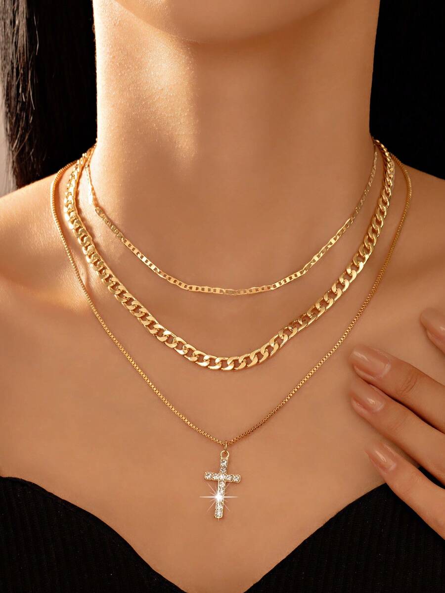 1pc Gothic Style Metal Cross Glass Rhinestone Pendant Necklace Set For Women - Gold - View 1