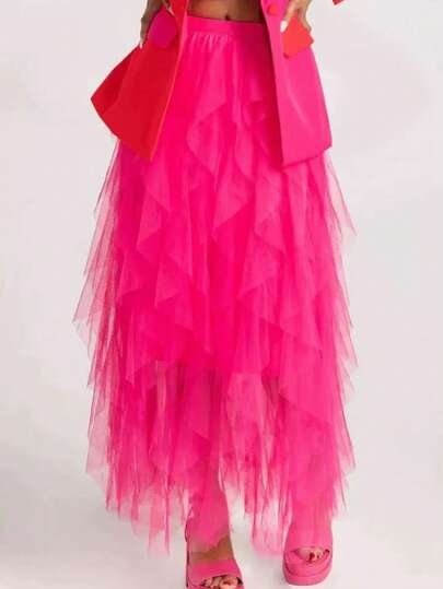 1pc Women Asymmetrical Wavy Layer Cake Skirt, Mesh Fluffy Skirt Spring