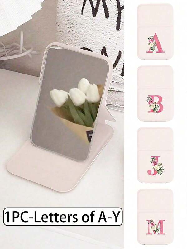 1pc Foldable Mirror In Moonlight White With Red Letters And Mini Flowers ,Portable Makeup Mirror,Letters Of A-Y Makeup Mirror With Bracket, Travel Mirror, Beauty Products, Desktop Makeup Mirror, Rectangular Desktop Compact Mirror Foldable Small Minimalist Makeup Mirror, Travel Portable Makeup Mirror For Women's Gift - The Best Gift For Mom And Teacher