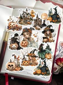 16pcs Watercolor Pumpkin Witch/ Autumn Forest Wizard Magician Sticker DIY Craft Scrapbooking Album Junk Daily Planner Decorative Planner Diary Vintage Stationary Suitable For Clippings, Diaries, Laptops, DIY Crafts, School Supplies,Back To School