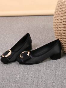 Square Toe Thick Heel Ladies Shoes, Versatile Button & Bow Decor Loafers, Fashionable Slip-On Shoes, Black High Heels, Women High Heel Pumps, Run 1 Size Larger