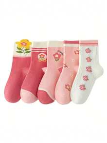 20 双女童中筒袜，卡通花卉和草莓图案，甜美风格，涤纶混纺针织面料，仅可手洗，四季皆宜，适合 0-14 岁儿童