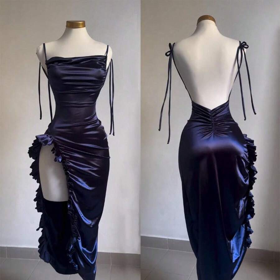 2025 American Hot New Dress Summer High-Grade Y2K Sexy Backless Spaghetti Straps Hot Girdress Casual Womenwear - Dark Blue - 查看 1