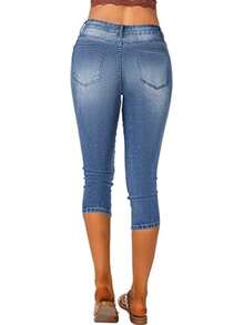 夏季休闲水洗高腰修身牛仔裤，女士七分裤，美国独立日骄傲节女士服装，女士度假装，度假牛仔裤，女士教师装 - 藍色 - 查看 6