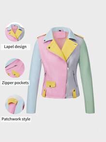 Risissida Women's Fall And Winter Color Block PU Biker Jacket – Versatile Commuting & Casual Coat With Zippered Pockets
