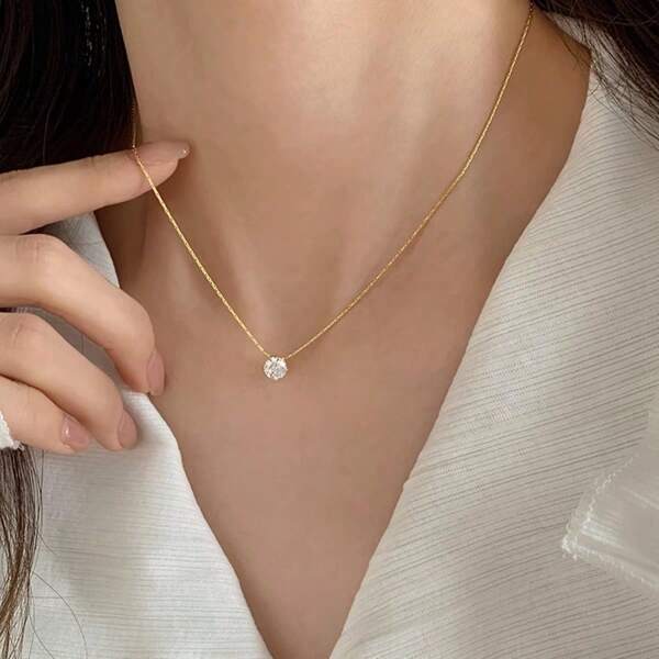1pc European And American Style Gold Rhinestone Pendant Necklace For Women, Delicate Dainty Stainless Steel Necklace Suitable For Daily, Dating And Party Wear