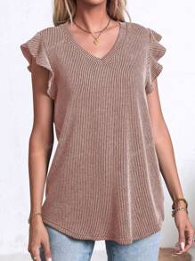 Women's Summer Short Sleeve Ruffle Ribbed Tops Casual V Neck T-Shirt