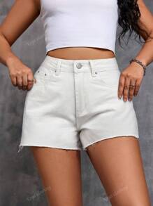 Shorts Denim Lisos com Barra Desfiada, Verão Casual