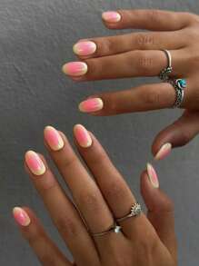 Juego de 24 uñas acrílicas postizas cortas de forma ovalada con diseño de degradado rosa, incluye 1 pegamento de gel y 1 lima de uñas. Fácil de usar para uñas de verano y manicura francesa para mujeres y niñas, ideal para uso diario y fiestas
