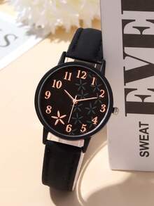 6 件时尚女士石英表，简约圆形花瓣数字表盘，PU 皮带，搭配心形珠宝钻石手链、项链、耳环、戒指首饰组合套装，适合日常和节日佩戴，送礼佳品，不含包装盒 - 黑色 - 查看 3