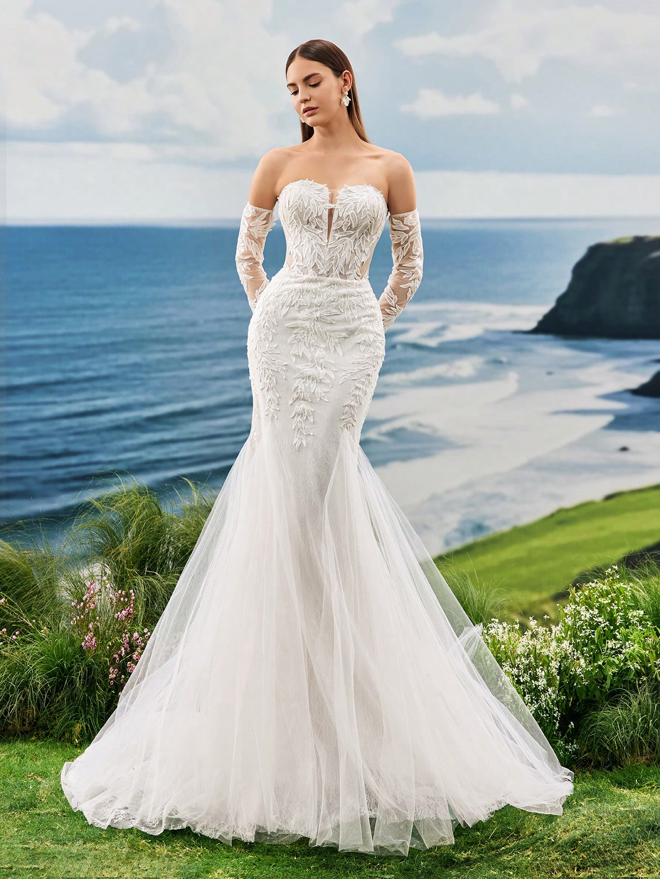 Elasola فستان زفاف طويل بذيل بتطريز خرز على شكل حو...