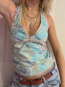 Women Fashion Halter Tops Summer Beaded Floral Pattern Backless Shirts Vest For Streetwear Aesthetic Grunge Clothes - 藍色 - 查看 1