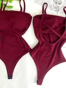 Women's Bodysuit With Braided Straps, Seersucker, Fashion Blogger - 酒紅色 - 查看 2