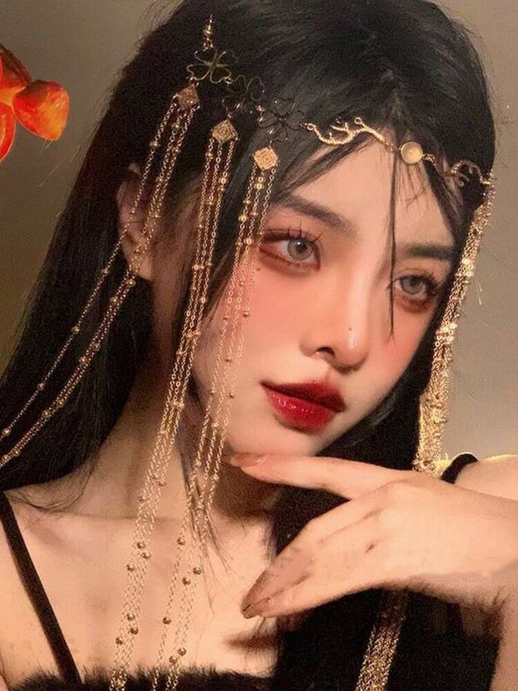 1 Peça Acessório de Cabeça Elegante com Corrente e Borla, Corrente de Cabelo, Joia de Cabeça, Joia de Cabelo, Acessório de Cabelo, Casamento, Traje de Festival, Acessórios de Rave, Acessórios de Cabelo, Noiva - Dourado - Visão 2