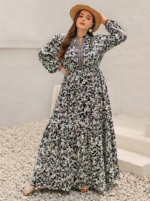 Rusttydustty Plus Size Women Vacation Style Printed Ribbon Patchwork Flowy A-Line Long Sleeve Dress Black Spring Elegant - Black - View 2