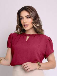 Smile Fashion Women's Blouse Short Sleeve Dune Fabric - 酒紅色 - 查看 2