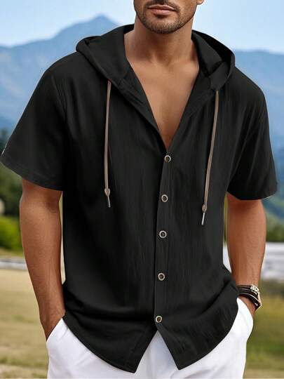 Top de Manga Curta de Linho Masculina, Cardigan com Capuz de Cor Sólida e Botões, Camiseta Solta Masculina, Top Respirável Leve Masculina 2025, Presente para Namorado, Moletom com Capuz