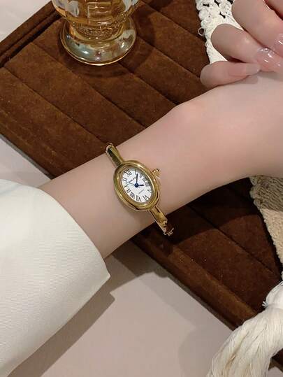 1 件女士简约金银罗马数字优雅商务石英腕表，多功能日常佩戴手链手表纽扣设计佩戴适合派对日常佩戴礼物送给女士情人节礼物