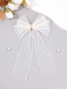 1 pieza de Pinza de pelo con malla de color beige para niñas con lazo a lunares, pinza de caimán con cola, perlas brillantes y rhinestones, pasador de pelo elegante para boda, accesorios de cabello delicados para vacaciones, accesorio de cabello para niños