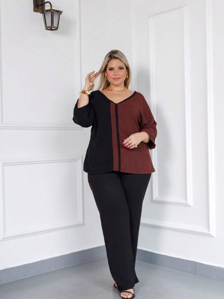Maison Raglan Sleeve Blouse And Plus Size Trousers Summer Set - Rust Brown - View 1