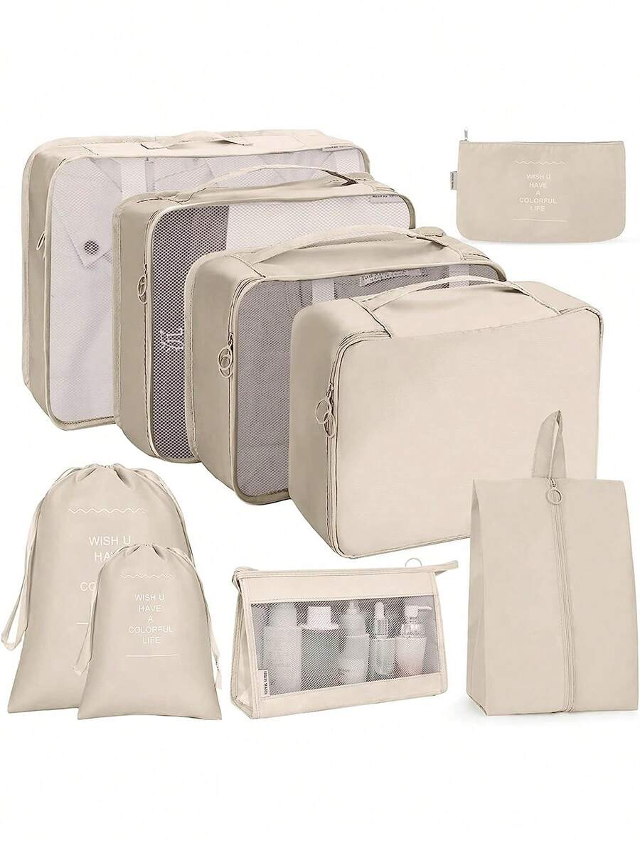 9pcs Travel Packing Cubes, Travel Luggage Packing Organizer Bags Including Shoe Bags, Clothes/Underwear Bags, Travel Packing Set Travel Essentials Travel Accessories Travel Bag For Vacation Holiday Back To School School Stuff Dorm Room Essentials College - Beige - View 1