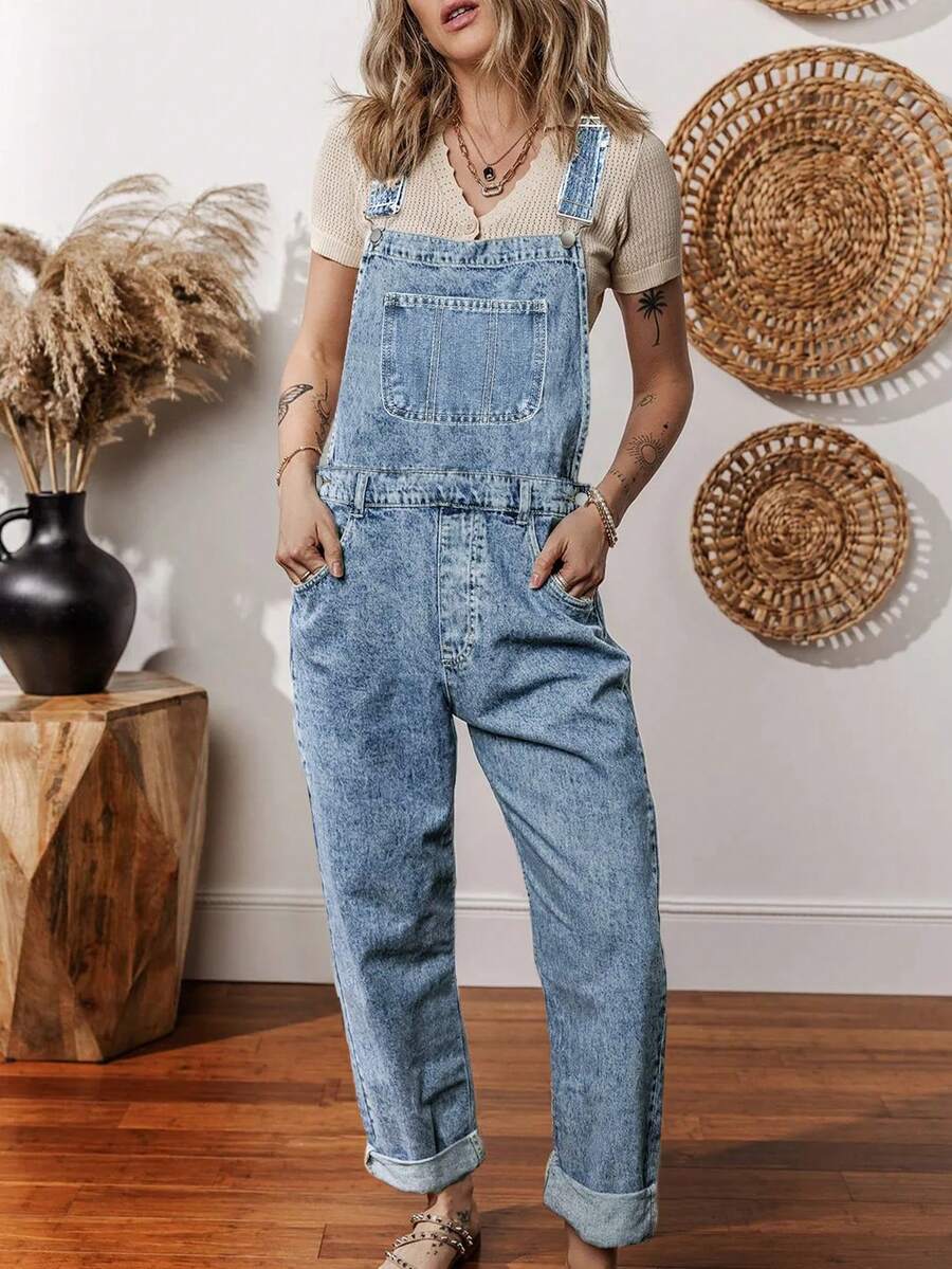 Peto vaquero azul claro de estilo casual y sencillo para mujer, de moda europea y americana