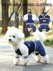 Pet 4-Leg Jumpsuit In Navy Blue With Contrast Color Letter Print, Suitable For Cats And Dogs, Spring/Autumn