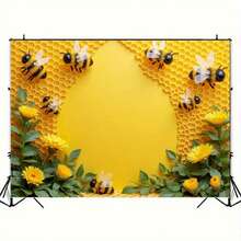 1pc Polyester Honeycomb & Sunflower Patterned Backdrop, Multipurpose Banner For Birthday, Celebration, Garden & Room Decor, No Electricity Required, Party Background, Durable Banner With Honeycomb Design, Ideal For Bee-Themed Decoration - Apricot - View 2
