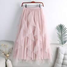Ruffle Hem Pleated Tulle Skirt - Dusty Pink - View 3