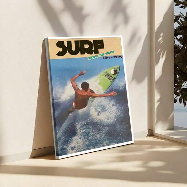 1pc Vintage Coastal Surf Magazine Posters Magazine Cover Riding The Waves Wall Art Textured Wall Art Poster Living Room Bar Cafe Bedroom Office Home Decorative Canvas Painting Gift Optional Frame ,Wall Art With Frame