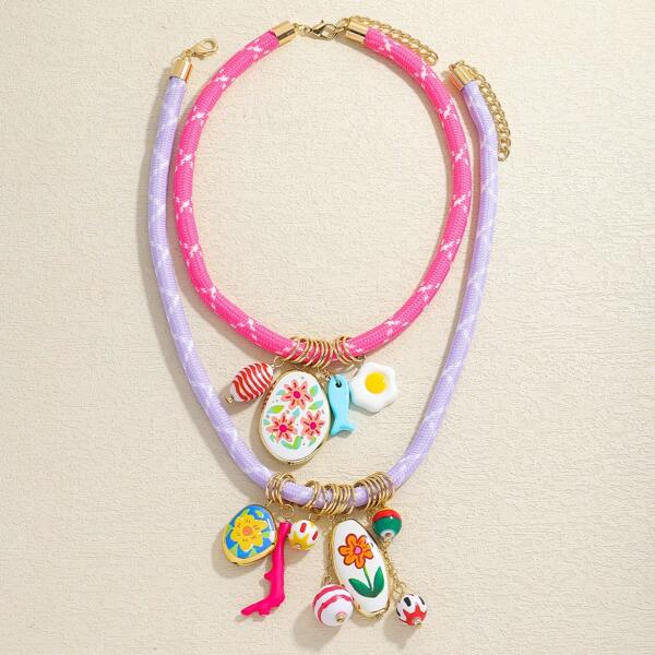 2pcs Floral Coral Pendant Necklace Set, Creative Elegant Colorful Choker Necklace, Suitable For Women's Daily, Vacation, Party Wear (Handmade, Pendant Position Random)