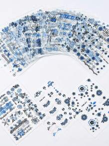 30 pezzi Adesivi per unghie blu metallizzati, nastro adesivo per unghie, adesivi per unghie floreali, d'erba e farfalle, accessori per unghie per uso quotidiano, banchetti e tempo libero