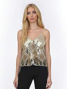 Camiseta de tirantes brillante para mujer, sin mangas, con tirantes finos y escote en V, con lentejuelas, ideal para fiestas y raves. - Dorado - Ver 2
