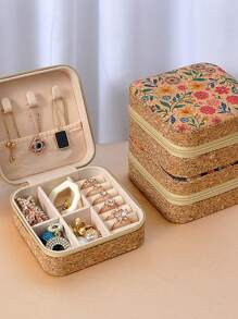 1pc Premium Vintage-Style Jewelry Storage Box, Portable Travel Earring Ring Necklace Organizer, New Print Design For Women Storage Organizer Travel Essentials Back To School Dormitory Storage