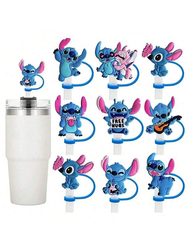 Disney 10pcs Disney Stitch Design Silicone Straw Caps, Cartoon Character Reusable Straw Covers, Creative Party Straw Toppers, Fit For 10mm Straw Diameter