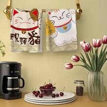 2pcs, Korean Japanese Lucky Cat Cloud Pattern Washcloths, Cleaning Cloths For Kitchen, Bathroom, Car, Windows, Cleaning Supplies, Gift.