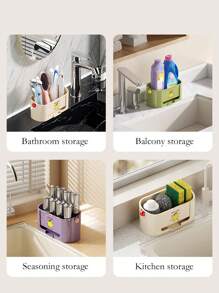 1pc Kitchen Sink Organizer Caddy, Multipurpose Cleaning Tools Storage Box For Sponge, Cloth, Steel Ball, Pot Brush, With Drainage Rack, Large Capacity Countertop Storage Rack, Creative Kitchen Storage Box