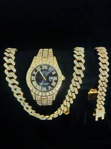 Conjunto de 3 piezas de reloj, collar y pulsera con Rhinestone, Reloj con correa de acero, calendario y caja de regalo para hombres y estudiantes, estilo hip-hop, conjunto de joyería de collar, pulsera y reloj de cumpleaños
