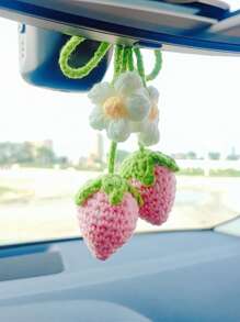 1pc Car Summer Interior Pendant Woven Pink Strawberry Car Rearview Mirror Decoration Car Interior Pendant