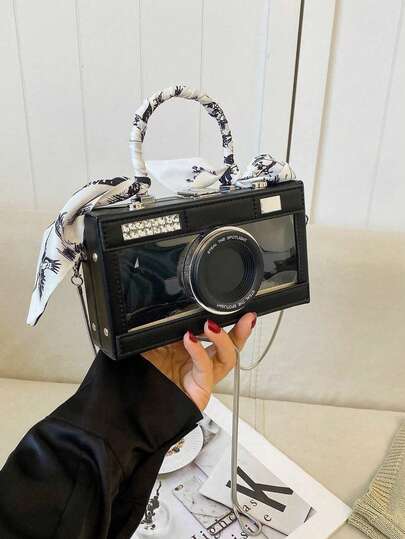 Camera-Shaped Box Crossbody Bag, Vintage Handbag With Scarf, Versatile Design